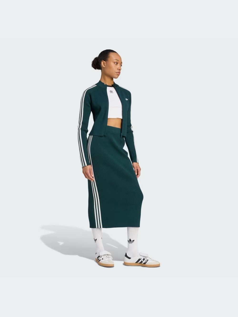 adidas Originals Teal Ribbed Midi Skirt with White Side Stripes - Picture 3 of 8